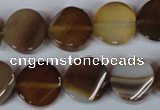 CAG3151 15.5 inches 14mm twisted coin brown line agate beads