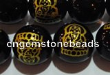CAG3387 15.5 inches 14mm carved round black agate beads wholesale