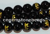 CAG3390 15.5 inches 10mm carved round black agate beads wholesale