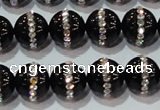 CAG8631 15.5 inches 10mm round black agate with rhinestone beads