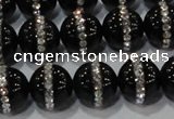 CAG8633 15.5 inches 14mm round black agate with rhinestone beads
