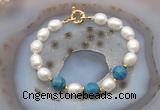 CFB940 Hand-knotted 9mm - 10mm rice white freshwater pearl & apatite bracelet