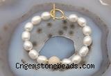 CFB968 Hand-knotted 9mm - 10mm rice white freshwater pearl & white fossil jasper bracelet