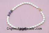 CFN333 9 - 10mm rice white freshwater pearl & dogtooth amethyst necklace wholesale