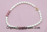 CFN353 9 - 10mm rice white freshwater pearl & pink wooden jasper necklace wholesale