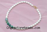 CFN407 9-10mm rice white freshwater pearl & green banded agate necklace