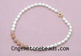 CFN436 9 - 10mm rice white freshwater pearl & moonstone gemstone necklace