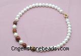 CFN757 9mm - 10mm potato white freshwater pearl & picasso jasper necklace