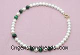 CFN768 9mm - 10mm potato white freshwater pearl & green tiger eye necklace