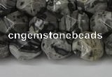 CNG6202 15.5 inches 10mm faceted nuggets grey picture jasper beads