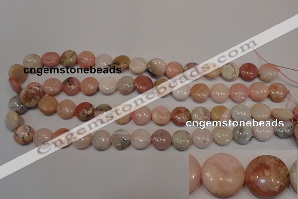 COP1015 15.5 inches 14mm flat round natural pink opal gemstone beads