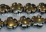 CPY164 15.5 inches 16mm carved flower pyrite gemstone beads wholesale