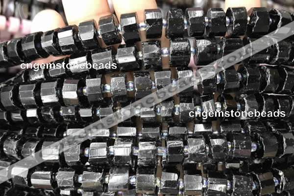 CRB2102 15.5 inches 11mm - 12mm faceted tyre black tourmaline beads