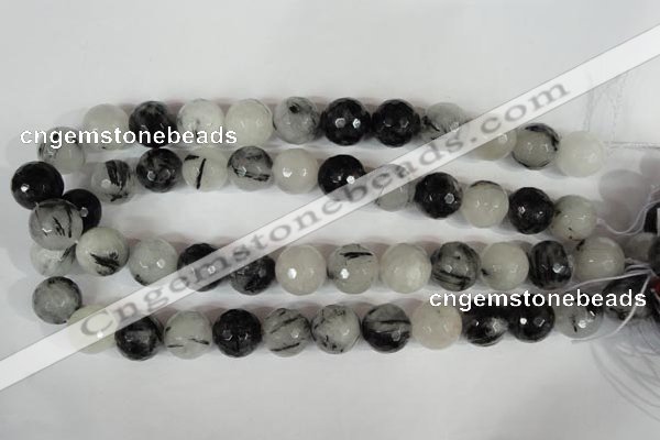 CRU317 15.5 inches 16mm faceted round black rutilated quartz beads