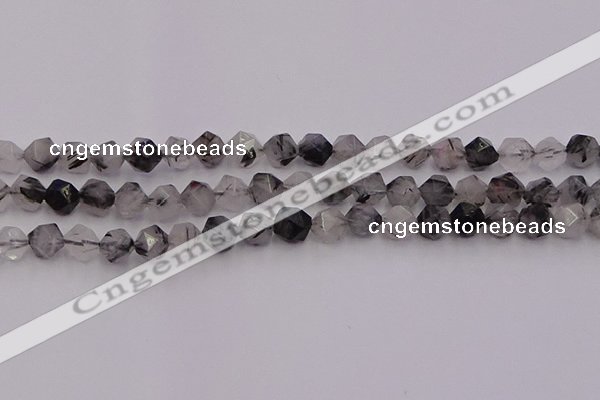 CRU512 15.5 inches 8mm faceted nuggets black rutilated quartz beads