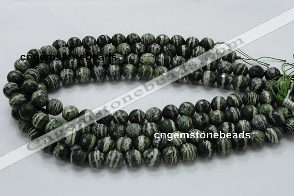 CSJ66 15.5 inches 12mm faceted round green silver line jasper beads