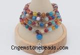 GMN2400 Hand-knotted 6mm colorful banded agate 108 beads mala necklace with charm