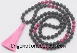 GMN6116 Knotted 8mm, 10mm black lava & red tiger eye 108 beads mala necklace with tassel