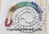 GMN6422 Hand-knotted 7 Chakra 8mm, 10mm white howlite 108 beads mala necklaces