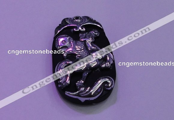 NGP2003 22*35mm carved silver plated matte black obsidian pendants