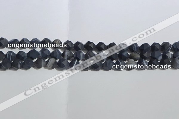 CAA1243 15.5 inches 8mm faceted nuggets matte black line agate beads