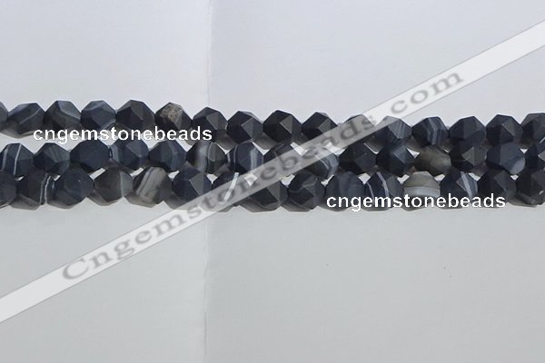 CAA1244 15.5 inches 10mm faceted nuggets matte black line agate beads