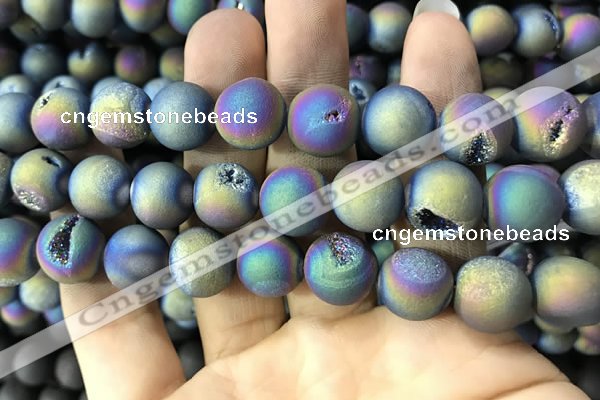 CAA1379 15.5 inches 16mm round matte plated druzy agate beads