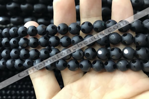 CAA2459 15.5 inches 8mm carved round matte black agate beads