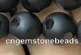 CAA2462 15.5 inches 14mm carved round matte black agate beads