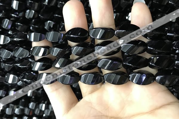 CAA2491 15.5 inches 8*16mm faceted & twisted rice black agate beads