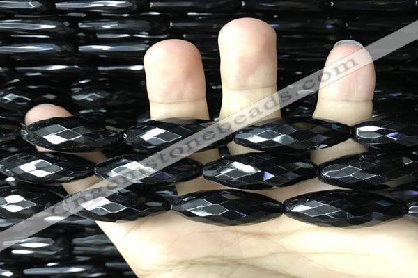 CAA2506 15.5 inches 10*30mm faceted rice black agate beads wholesale