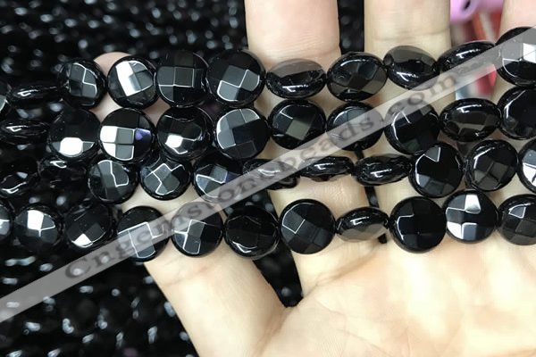 CAA2583 15.5 inches 16mm faceted coin black agate beads wholesale