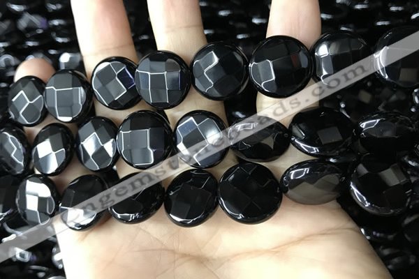 CAA2586 15.5 inches 25mm faceted coin black agate beads wholesale