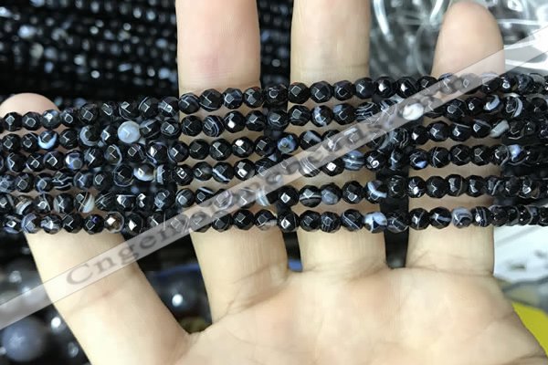 CAA2644 15.5 inches 4mm faceted round banded black agate beads