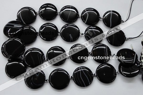 CAA265 15.5 inches 30mm flat round black line agate gemstone beads