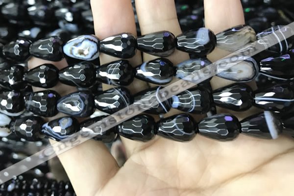 CAA2654 15.5 inches 13*18mm faceted teardrop banded black agate beads