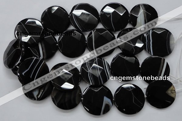 CAA281 15.5 inches 35mm faceted coin black line agate beads