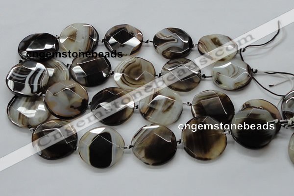 CAA290 15.5 inches 35mm faceted coin black line agate beads