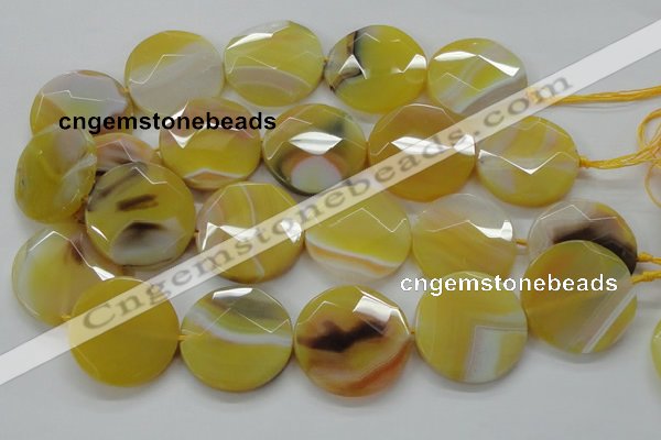 CAA328 15.5 inches 35mm faceted coin yellow line agate beads