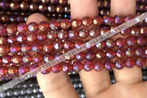 CAA3549 15.5 inches 6mm faceted round AB-color red agate beads