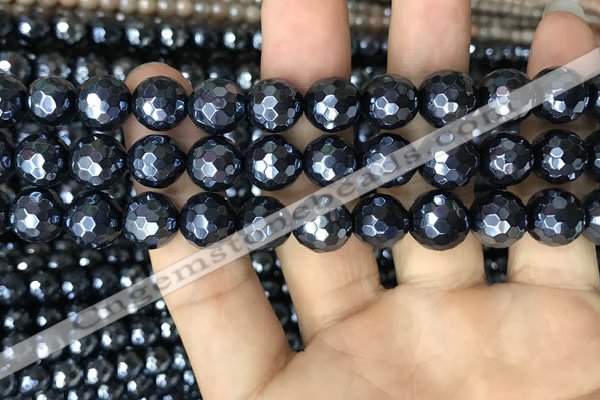 CAA3557 15.5 inches 10mm faceted round AB-color black agate beads