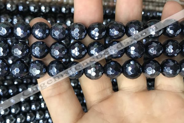 CAA3558 15.5 inches 12mm faceted round AB-color black agate beads