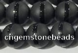 CAA3651 15.5 inches 8mm round matte & carved black agate beads