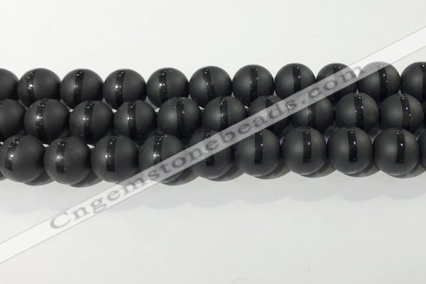 CAA3653 15.5 inches 12mm round matte & carved black agate beads