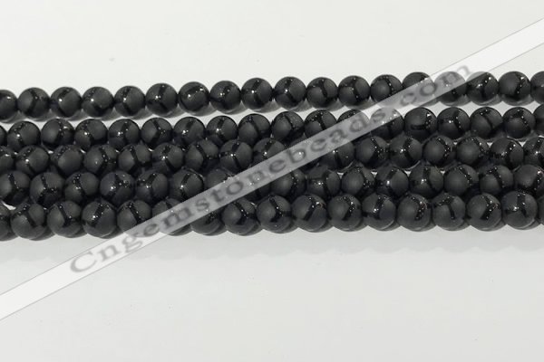 CAA3655 15.5 inches 6mm round matte & carved black agate beads