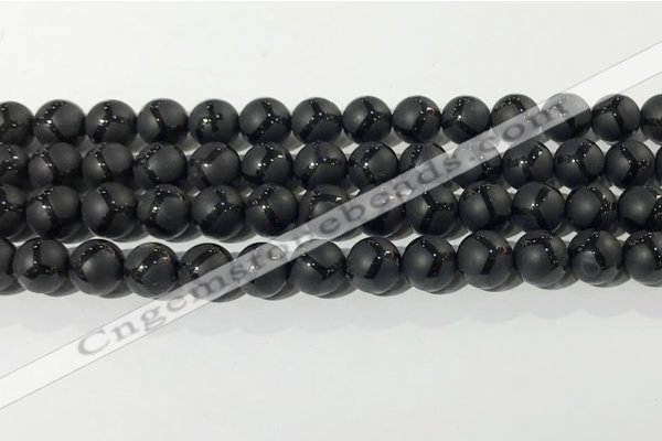 CAA3656 15.5 inches 8mm round matte & carved black agate beads