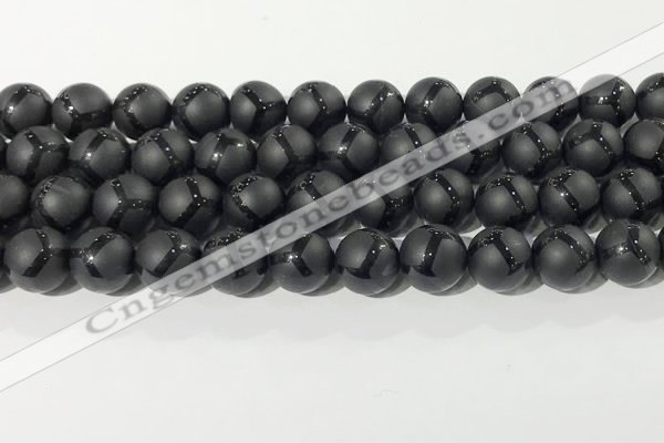 CAA3657 15.5 inches 10mm round matte & carved black agate beads