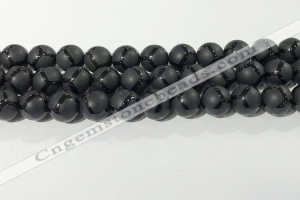 CAA3658 15.5 inches 12mm round matte & carved black agate beads