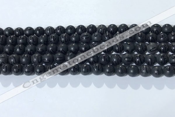 CAA3660 15.5 inches 6mm round matte & carved black agate beads