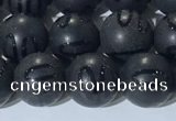 CAA3661 15.5 inches 8mm round matte & carved black agate beads